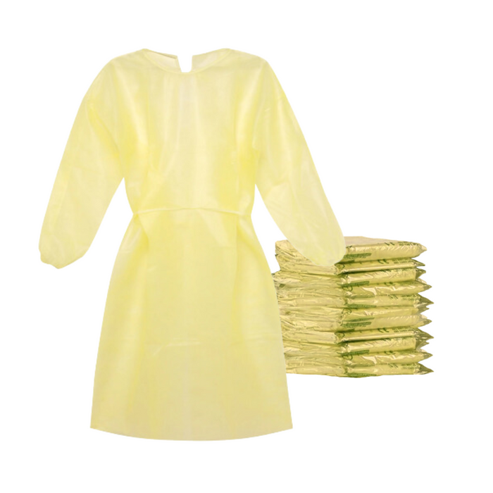 Disposable Isolation Gown - 20 GSM SMS with Elastic Cuff - 10 Gowns (Yellow)