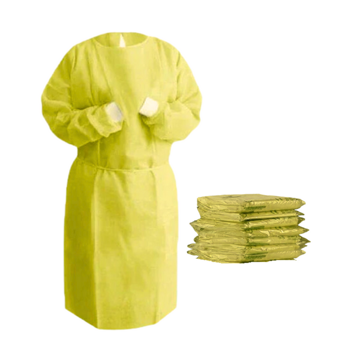 Disposable Isolation Gown - 30 GSM PP+PE with Knitted Cuff - 5 Gowns (Yellow)
