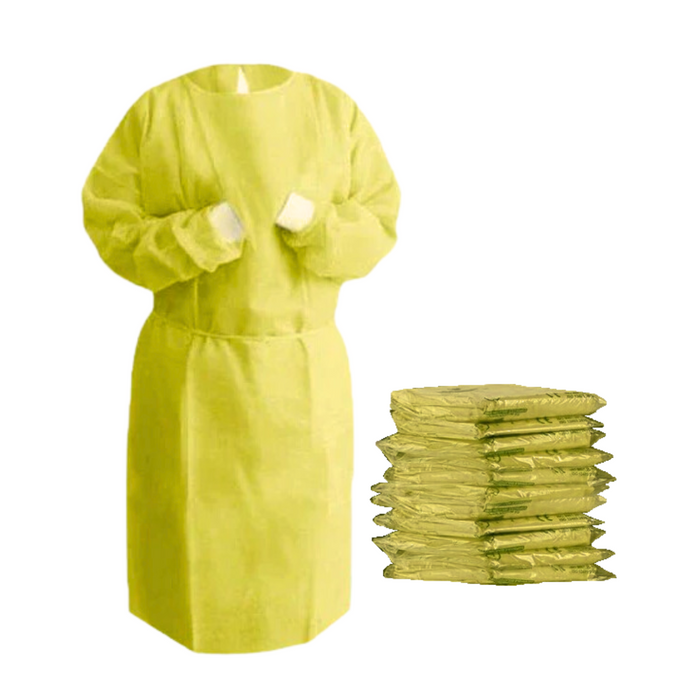 Disposable Isolation Gown - 30 GSM PP+PE with Knitted Cuff - 10 Gowns (Yellow)