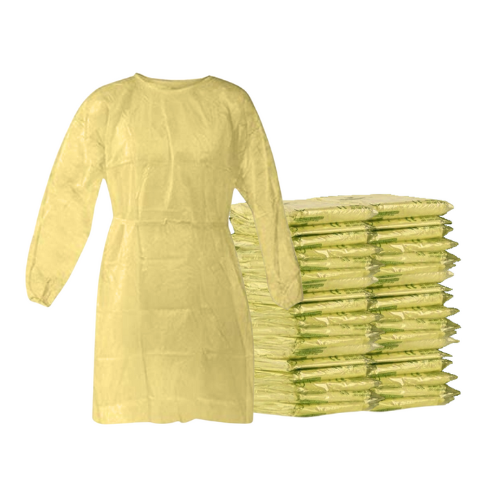 Disposable Isolation Gown - 25 GSM PP with Elastic Cuff - 50 Gowns (Yellow)