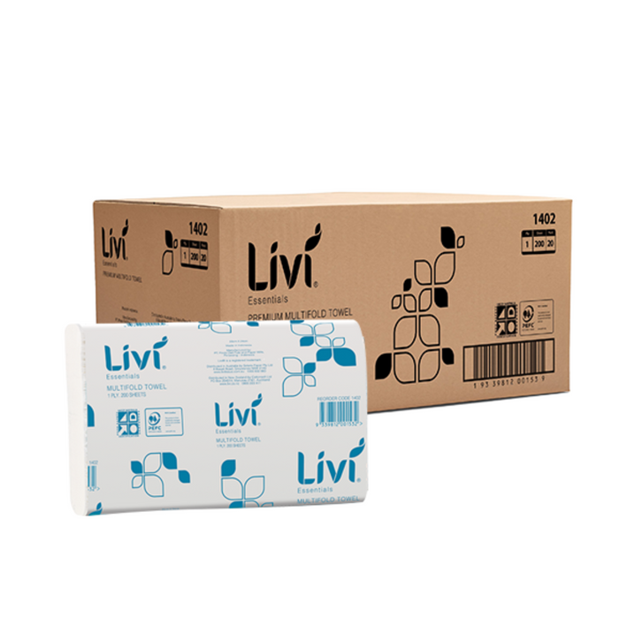 LIVI Essentials 1 PLY - PREMIUM MULTIFOLD Hand Towels 200 sheets - 20 Packs (1 Carton)