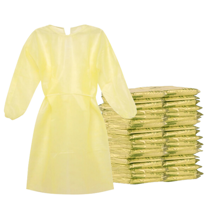 Disposable Isolation Gown - 20 GSM SMS with Elastic Cuff - 50 Gowns (Yellow)