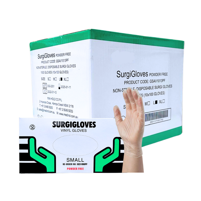 Surgigloves VINYL Gloves - 1 Carton (10 Boxes = 1000 Gloves)