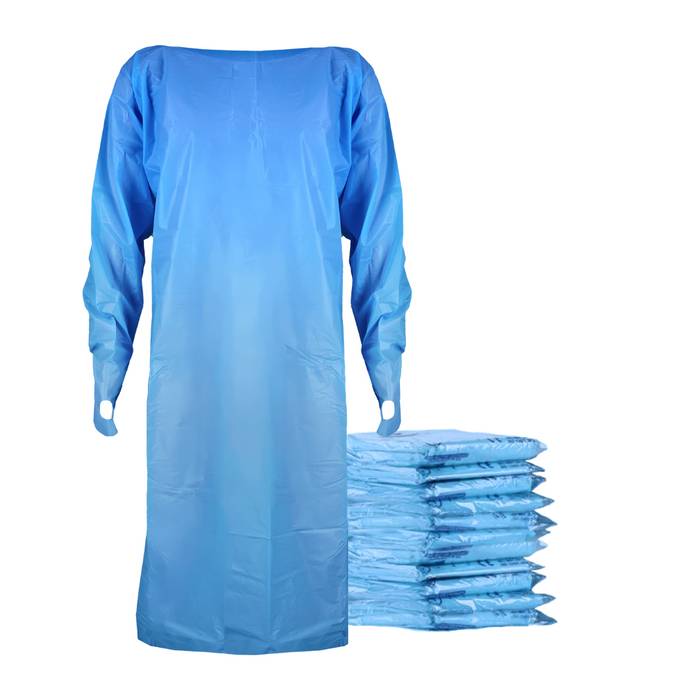 CPE Gown with Thumbhole Sleeve (Blue) - Pack of 15 Gowns / Carton of 150 Gowns