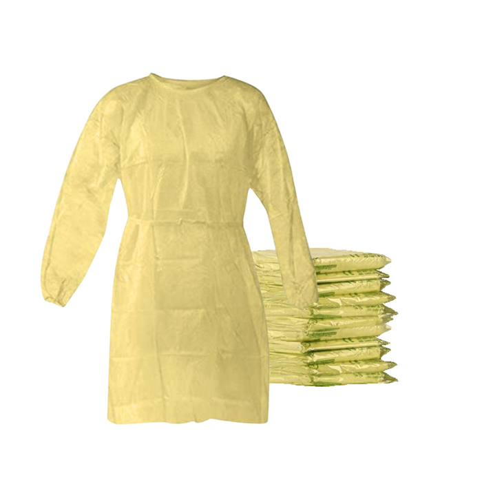 Disposable Isolation Gown - 25 GSM PP with Elastic Cuff - 10 Gowns (Yellow)