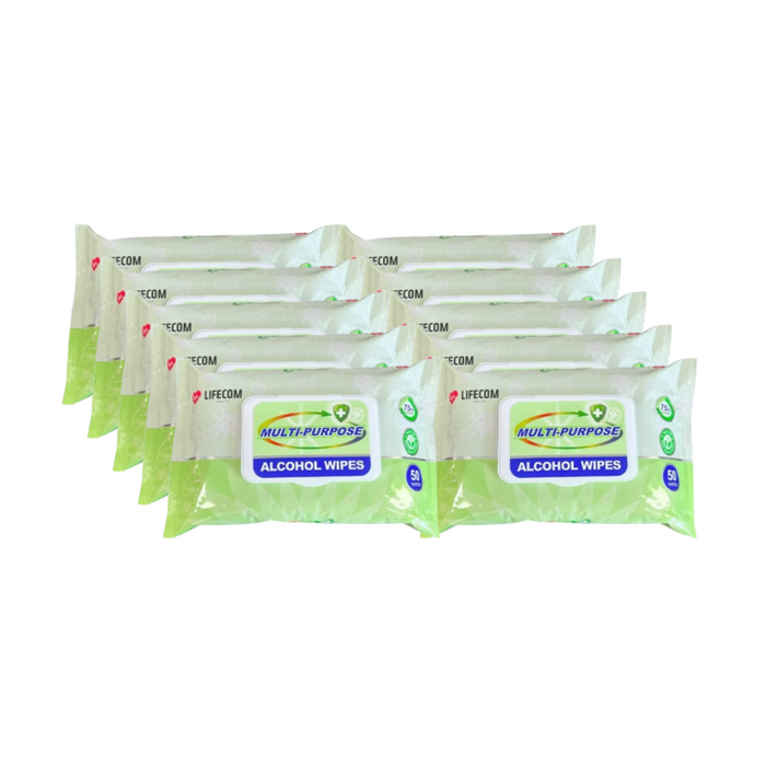 Lifecom Alcohol Wipes - 10 x Pack of 50 (500 Wipes)