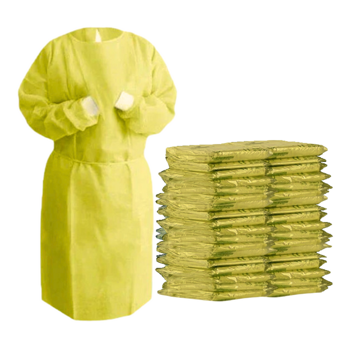 Disposable Isolation Gown - 30 GSM PP+PE with Knitted Cuff - 50 Gowns (Yellow)