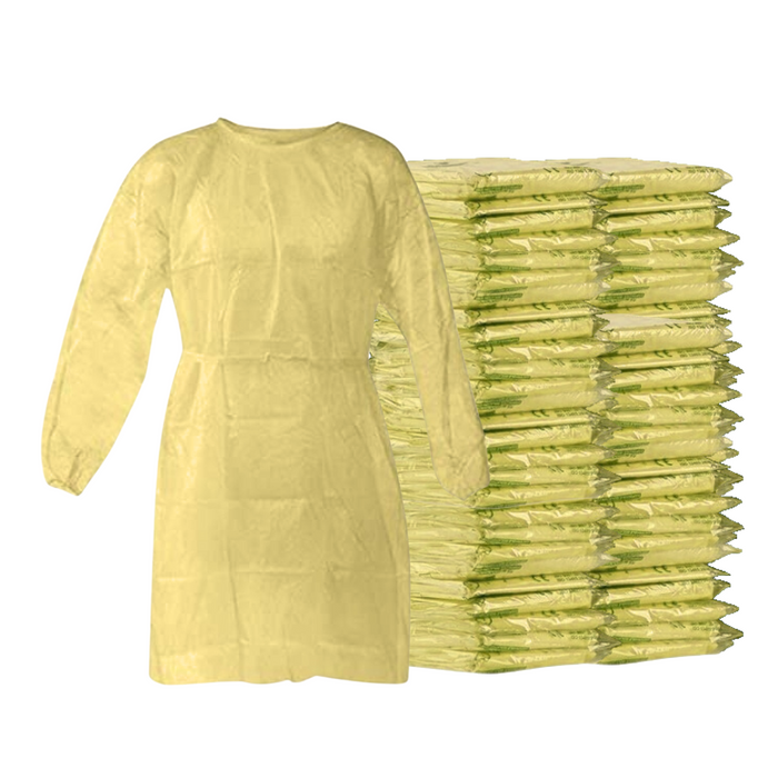 Disposable Isolation Gown - 25 GSM PP with Elastic Cuff - 100 Gowns (Yellow)