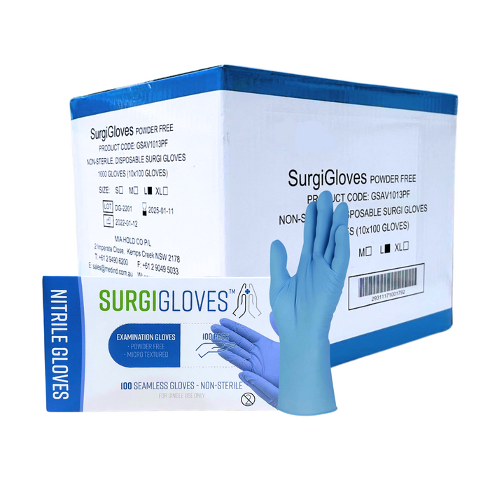 Surgigloves NITRILE Blue Powderfree Gloves - 1 Carton (10 Boxes = 1000 Gloves)