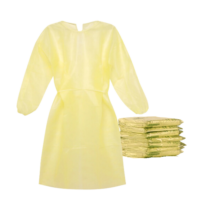 Disposable Isolation Gown - 20 GSM SMS with Elastic Cuff - 5 Gowns (Yellow)