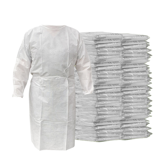 Disposable Isolation Gown - 18 GSM PP with Elastic Cuff - 100 Gowns (White)