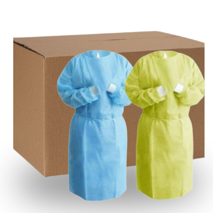 CS Isolation Gowns 30 GSM Knitted Cuff - Yellow or Blue (Uni & Over Size) - 1 Carton of 100 Gowns