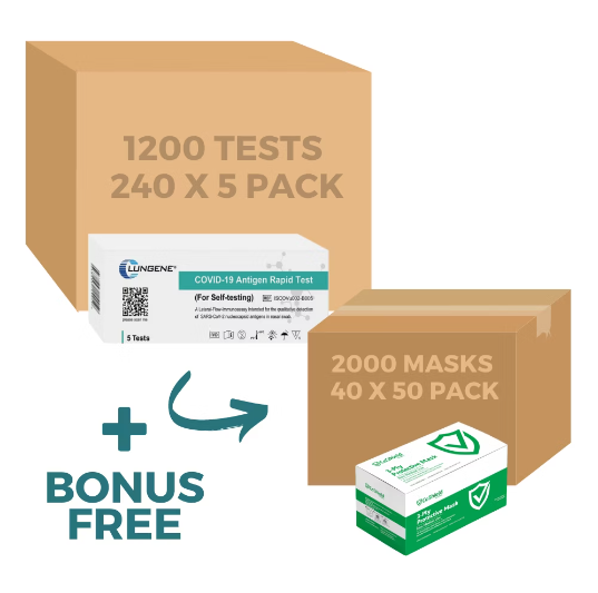 Clungene Rapid Antigen Test Kits - 1200 Tests (240 x 5 Pack) + [BONUS FREE 2000 Non-Medical Masks (40 x 50 pack)]